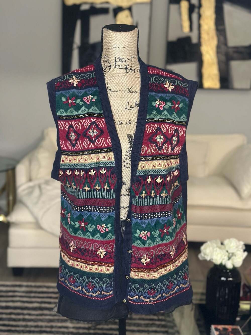 Koret Vintage Floral Embroidered Knit Button Front Vest Size L